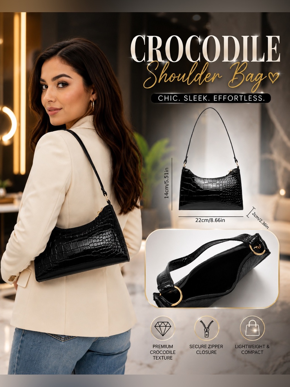 👜🆕👜Black Croc-Embossed Shoulder Bag